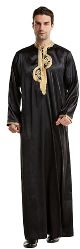 KRIPINC Kaftan Marocchino Ricamato, Abaya Uomo a Maniche Lunghe con Colletto Alto, Caftano Uomo con Tasca, Vestito Arabo Musulmano, Abito di Preghiera Islamico Ramadan (Nero, XL)