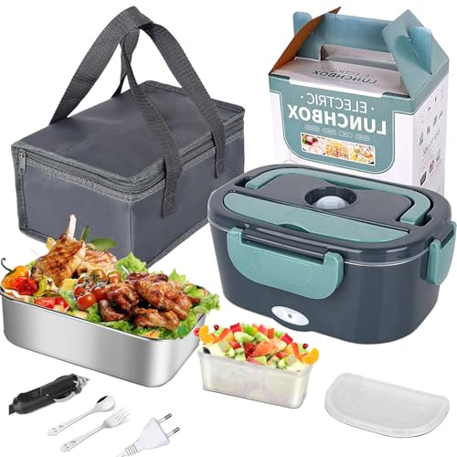 Qawner Gamelle Chauffante Électrique 2 en 1, 1.5L Acier Inoxydable Portable Boîte Repas, 12V/ 24V/ 220V Boîte Chauffante Repas, Chauffage Rapide, pour Voiture Camion Bureau (Vert)
