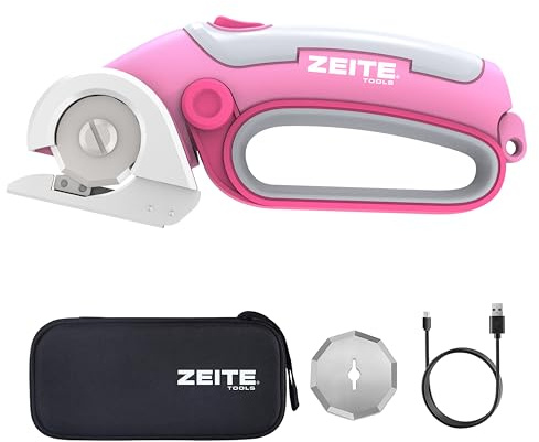 ZEITE 4V Cordless Electric Scissors Cardboard Cutter with 2 x Blades,1 x Storage Case,1 x USB Charging Cable,Rotary Cutter for Box Plastic Carpet Fabric, Easy to Hold and Safety,Pink