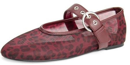 Gothictor Leopard Flats for Women Round Toe Mesh Ballet Mary Janes Adjustable Buckle Strap Casul Ballerina Dress Shoes Burgundy 7