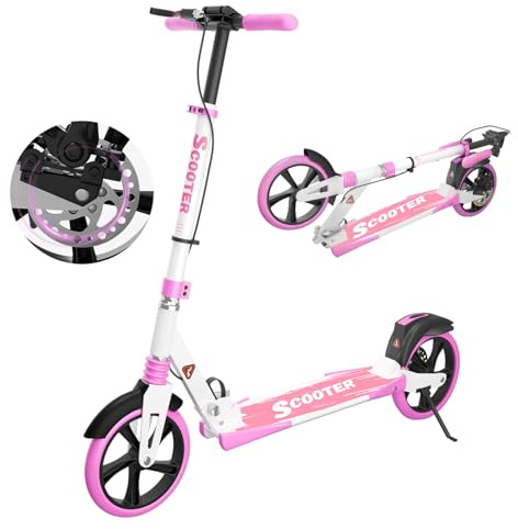 MEE GOO Scooter with Disc Brake & Dual Shock Absorbers, 200mm PU Wheels ABEC-7 Bearings, Foldable Scooter for Teenagers and adults, Non-Slip Deck - Pink/White/Blue (pink)