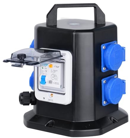 CHENGPI Coffret Électrique de Chantier avec Disjoncteur,Distributeur D'alimentation Portable avec Schuko Socket 250V/16A, Répartiteur de Courant - idéal pour la Construction et L'extérieu