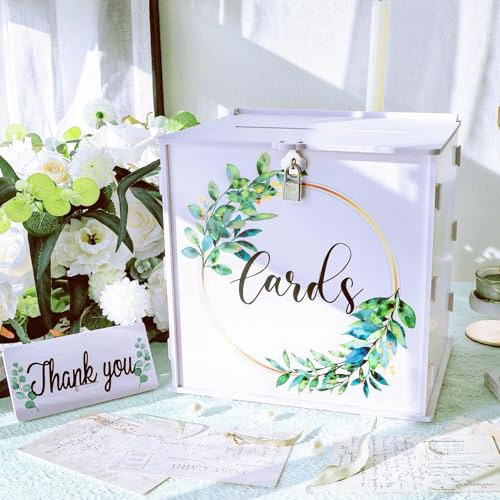 White Wedding Card Box with Lock – PVC Gift Card Box for Envelopes & Wishes – Eucalyptus DIY Envelope Money Gift Box for Anniversary & Baby Shower – Display Box for Wedding Reception & Party Decor