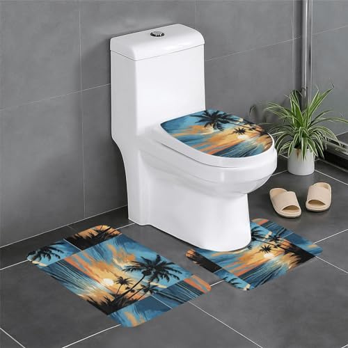 Set 3 Teilig Badvorleger Tropischer Sonnenuntergang Badematte 3-TLG Waschbar Langlebige Badgarnitur Badematten, Für Badewanne, Dusche, Wohnzimmer