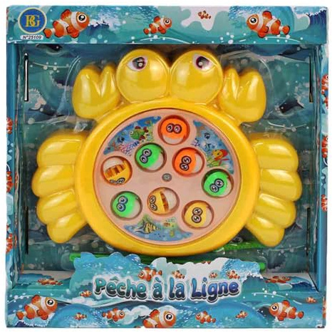 BEMIRO Mini Angelspiel für Kinder – Krabben-Design – ca. 17 x 21 cm – inkl. 8 Fischen – Geschicklichkeitsspiel ab 3 Jahren – Angelspielzeug für drinnen & draußen – bunt & kompakt (Gelb)