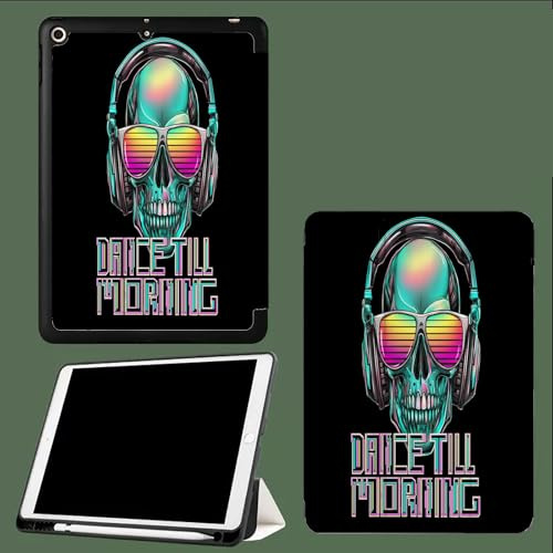 Case for iPad 9th/8th/7th Generation 2021/2020/2019 10.2 Inch with Pencil Holder, Soft TPU Back & Tri-fold Stand Protective, Auto Wake/Sleep Skull Wearing Headphones Gothic-Black