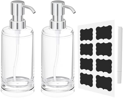 APLOP Soap Dispenser Set of 2, Clear Plastic Hand Soap and Dish Soap Dispenser for Kitchen and Bathroom, 10oz Refillable Containers with Waterproof Labels & Rust Proof ABS Pumps