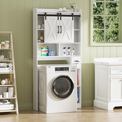 BonVache Waschmaschinenschrank mit 2 Schiebetür, Verstellbare Ablagen, Waschmaschinenregal mit Seitenfach für Papierhandtuch und 4 offene Fächer, für Badezimmer, Toilette und Waschküche, Weiß
