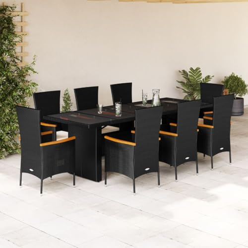 Teenpull 9-TLG. Garten-Essgruppe Schwarz aus wetterfestem Poly Rattan, Hartglas-Tischplatte, Bequeme Stühle mit cremeweißen Kissen für Terrasse, Balkon, Essbereich im Freien