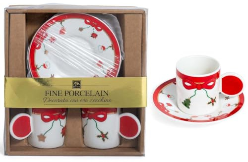 Generico Set 2 tazzine da caffè 70ml natalizie in porcellana fine con piattini – Decorate con oro zecchino – Idea regalo elegante