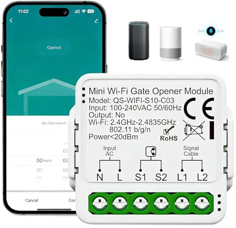 WiFi Garage Door Opener, WiFi Roller Shutter Switch, Smart Garage Door Opener, Garage Door Opener, WiFi Compatible with App and Voice Control for Interior Garages, White, Wall Mounting