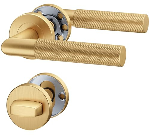 ERGO line BAUHAUS Modern, Gold Türbeschlag Türgriff für Badtüren WC PVD-Gold matt L-FORM, Rund-Rosette Drückergarnitur, Türklinke, Türdrücker
