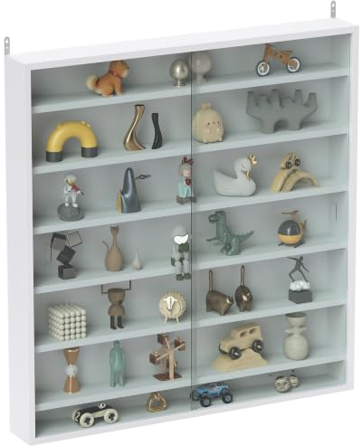 HOMCOM 7-stöckiger Wand-Vitrine mit Glastüren 80x83cm Weiß | Vitrine, 6 verstellbare Einlegeböden, für Büro-Dekoration