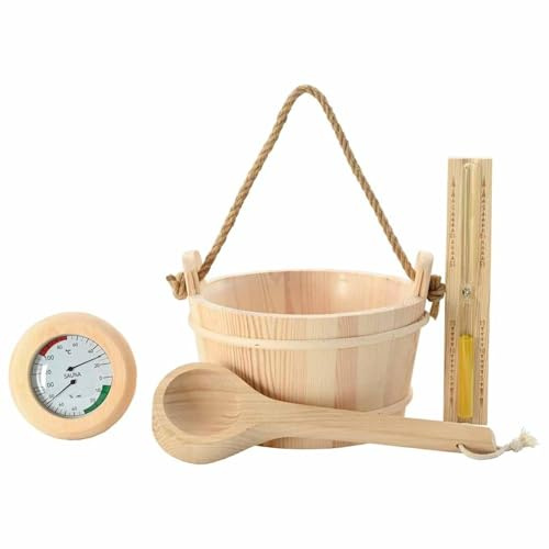 Swpsd Pine Wood & Hemp Sauna Accessory Set - 4L Bucket, Ladle, Thermometer, 15-Minute Hourglass Model42023676
