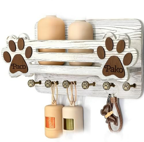 Personalisierter Home Sweet Home Schlüssel- Und Leinenhalter, Hundeleinenhaken Aus Holz Zur Wandmontage, Schlüsselaufhänger Mit 6 Doppelschlüsseln, Geschenk For Haustier- Und Hundeliebhaber(White)