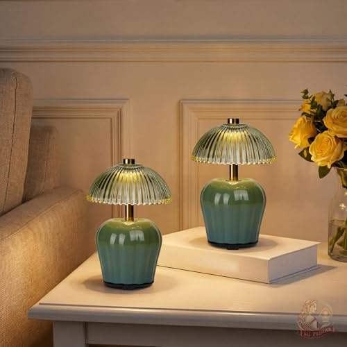 MJ PREMIER Tischlampe Kabellos Akku mit Timerfunction 2er Set | Pilzform LED Tischlampe USB aufladbar Tischleuchte Nachttischlampe Glas Lampe Notlicht für Schlafzimmer Wohnzimmer Grün