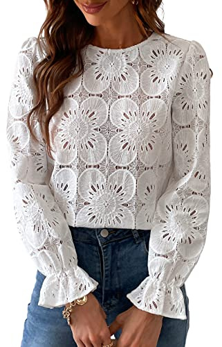 CUPSHE Chemisier Femme Chic en Dentelle Coton Guipure Haut Manches Longues Évasées T-Shirt Ajouré Motif Floral Élégant Blouse Bohème Vintage