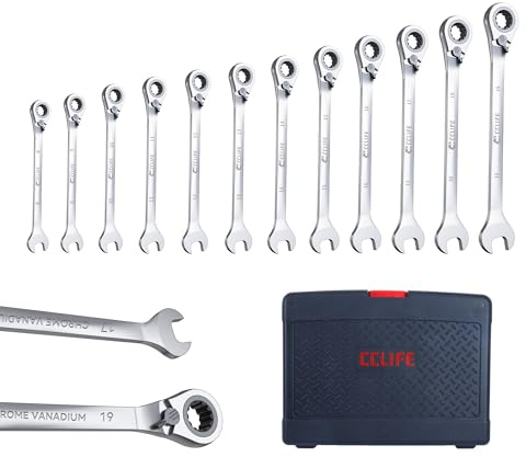 CCLIFE 7-delad omkopplingsbar spärrnyckelsats, ringspärrnyckel gaffelnyckel 8–19 mm, Cr-V 72 tänder, verktygsset för bilreparation, inkl. plastlåda | Omkopplingsfunktion, 2-i-1 ringspärr och gaffelnyckel av Cr-V, 72-tandsmekanik med plastlåda för bil och verkstad