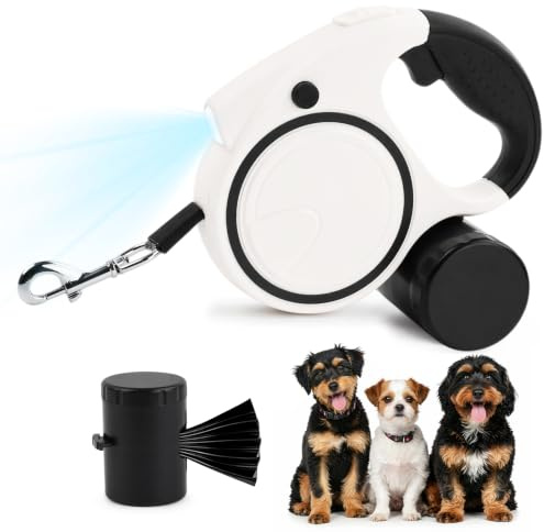 Focenat Laisse Chien Enrouleur 5m, Laisse Rétractable Chien pour Petit et Moyen Chiens (Jusqu’à 25kg), Laisse Enrouleur Robuste avec LED et Distributeur de Sacs, Frein à Une Main, Anti-Nœuds (Noir)