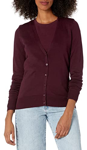 Amazon Essentials Kvinnors Lätt V-ringad cardigan tröja (finns i plusstorlek), Vinröd, S