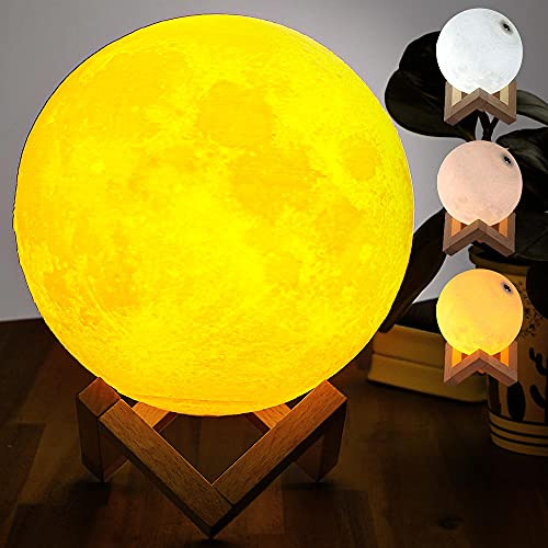 BAKAJI Lampada da Tavolo Forma di Luna Luce LED Fino A 3 Colori Selezionabili e Regolazione Luminosità Dimmerabile Accensione Touch Moon Lamp Batteria Litio Ricarica USB con Supporto in Legno (18 cm)