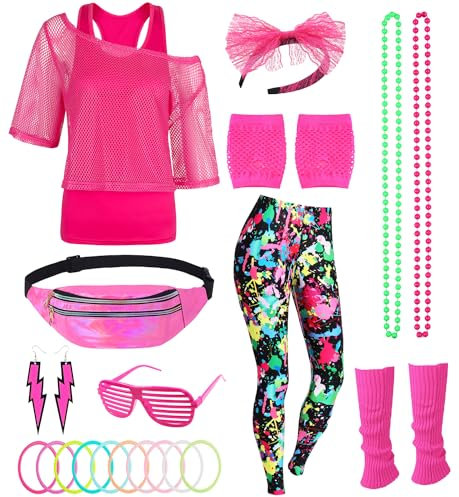 FOVER 80er 90er Jahre Outfit Damen Netzshirt, Tank top, Leggins, Netzhandschuhe, Bauchtasche, Haarband, Ohrring, Armband, Halskette, 80iger Kostüm Zubehör Neon Kleidung 80s Aerobic Bad Taste Outfit