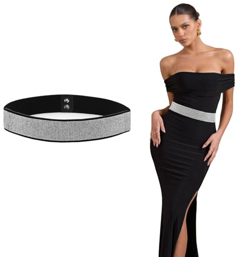 Erzekrim Cintura Elastica con Strass, PU Lucido Cristallo Elastico Cintura da Donna Cintura Elasticizzato Regolabile Cinture Elastiche Argento in Vita con Cristalli per Abito da Donna