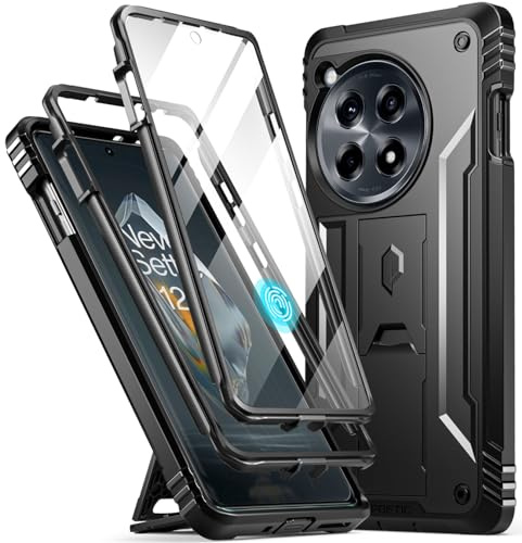 Poetic Revolution Case Compatible with OnePlus 12R 5G (2024), Built-in Screen Protector, Works with Fingerprint ID, Robust, Shockproof Full Body Protective Case with Stand, Black