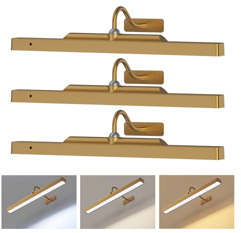Picture Light Battery Rechargeable, 3Pack Picture Light for Wall with Remote, 3 Color Modes and Dimmable Classic Art Lights for Paintings, Pictures in Gallery, Bedroom, with Timer_Antique Gold
