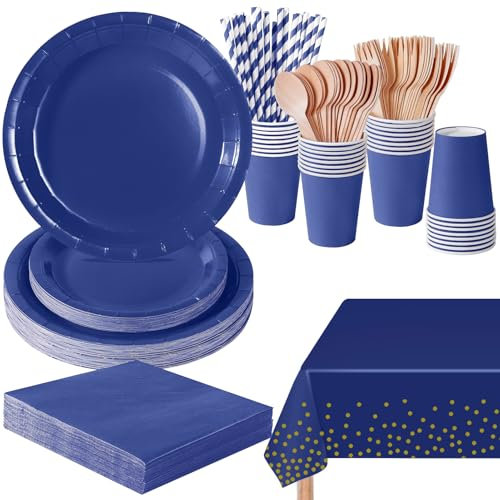 PYAILI Anniversaire Vaisselle de fete 169 Pièces Bleu Foncé Party Assiettes en Papier Set Assiettes de Fête Papier Tasses Serviettesr, pour Barbecue les Fêtes les Pique-niques -24 Invités