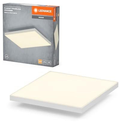 LEDVANCE Planon Frameless Deckenleuchte in Weiß mit fortschrittlicher LED-Technik, 19 W, quadratische Form (300 x 300 mm), warmweiße Lichtfarbe bei 3000 K, Aluminium-Gehäuse, mattierter PMMA-Diffuser