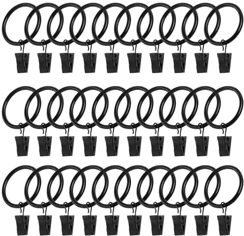 30PCS Black Curtain Rod Ring Clips, Curtain Rings With Clips, Rustproof Metal Drapery Ring with Hook, for Curtains and Rods, 32mm Sliding Eyelet for Window Shower Curtains