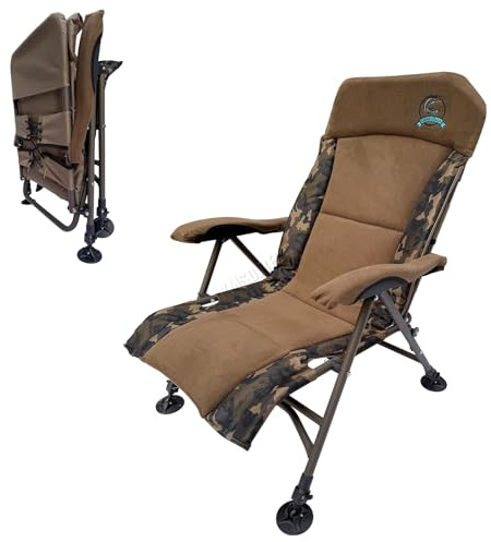 CARPZILLA Foldable Recliner Fishing Chair Armchair Adjustable Backrest Legs Rotating Feet Durable Portable Oxford Fabric Heavy Duty Padded 4CM Cushion 150KG Weight Limit Equipment Accessories Camo