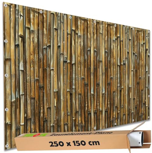 TRIOSK Sichtschutz Garten Deko Zaun Plane Blickdicht groß mit Zaunblende Motiv Bambus Stäbe Optik für Balkon Terrasse Zaunelement Doppelstabmatten Gartenzaun PVC 250x150 cm Braun