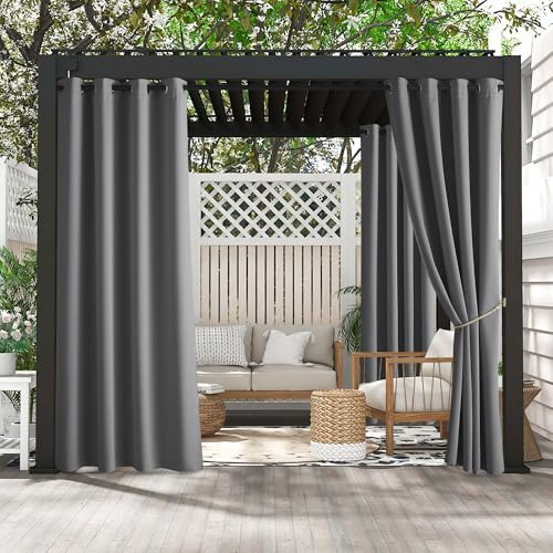 PONY DANCE Outdoorvorhang Wetterfest 2er Set Pavillon Vorhänge Outdoor | H243xB132cm, Grau, Sonnnenschutz, Hitzeschutz, Wasserdicht, UV-Schutz, Ösen, Outdoor Gardinen für Terrasse Balkon Pergola