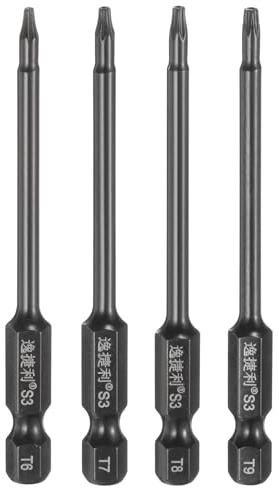 sourcing map Lot de 4 embouts de tournevis à tête Torx T6-T9 de 6,35 mm de long avec tige hexagonale de 75 mm de long, magnétique, inviolable, 6 points, en acier poli miroir, outil électrique avec