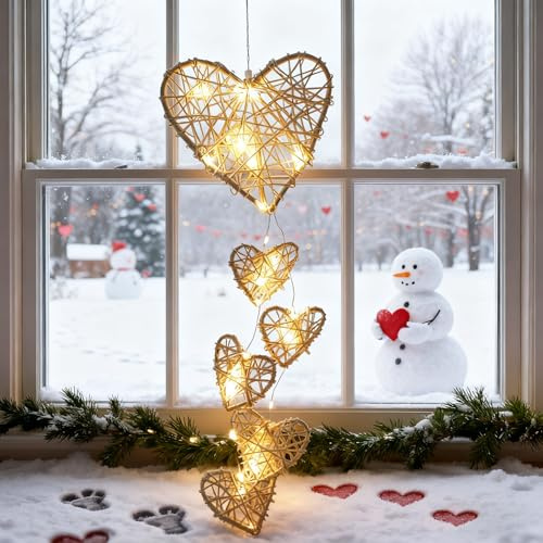 Herz Lichterkette mit 6 Beleuchteten Rattan Herzen,Ramadan Deko Lichterkette,LED Deko Hänger Batteriebetrieben in Weiß,Warmweiß herz deko für Wanddeko,Hängedeko,Weihnachten Fenster Lichter Indoor