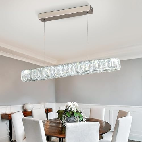 Crystal Modern Crystal Pendant Light, 54.4cm Linear LED Chandelier for Kitchen Island & Dining Table, Height Adjustable Hanging Ceiling Light, K9 Crystal & Stainless Steel, Cool White 6500K, 25W
