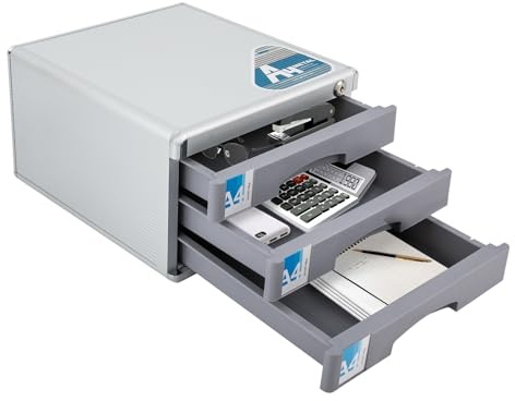 hongward Ablagebox Metall Schubladenbox Abschließbar Dokumenten Aufbewahrung Ablagebox 3 Fächer, Schubladenbox A4 Aktenschrank Aluminiumlegierung Bürobox mit Etiketten zur Beschriftung (3 Ebenen)