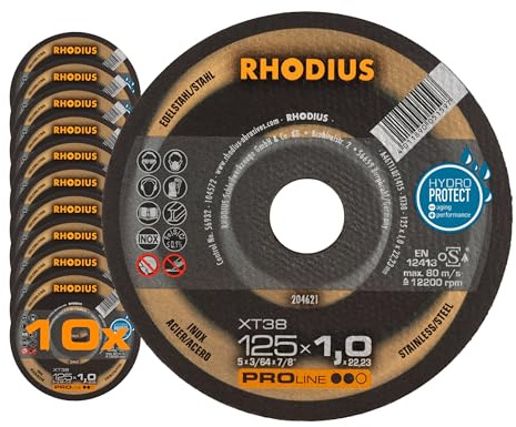 RHODIUS XT38 Metall Trennscheibe, 125 x 1,0 x 22,23 mm, 10 Stück | Für Edelstahl & Stahl, Made in Germany, schnelle und präzise Schnitte, lange Standzeit, für Winkelschleifer, in Metall-Dose