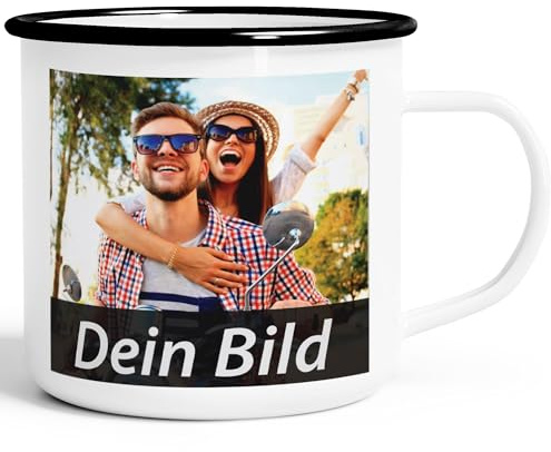 MoonWorks Emaille Fototasse, Tasse mit Foto und Text selbst gestalten, personalisierte Geschenke, Fotogeschenke Weiss-schwarz unisize