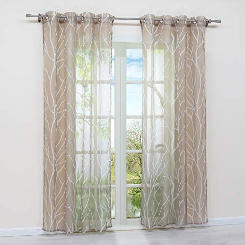 HongYa 1 Stück Ösenschal Transparente Gardine Schal Voile Vorhang mit Ösen Äste Muster H/B 145/140 cm Sand
