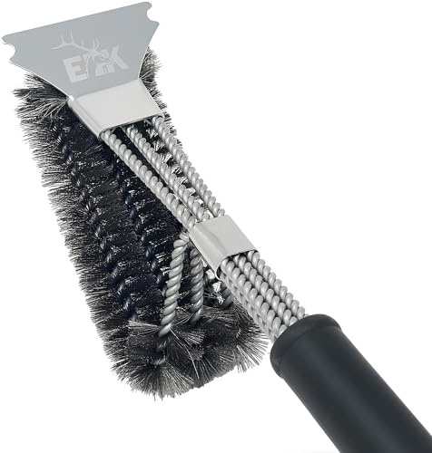 ELK Triple Head Grill Brush - Fast and Efficient BBQ Grate Cleaning Tool with Durable Stainless Steel Bristles - Safe for Porcelain Coated Grates - Ultimate Grime Remover for Quick and Easy Grilling