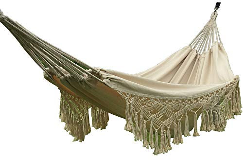 Handgefertigte Baumwolle gewebte Balkonhängematte Hängeseil Stuhl Veranda Schaukel mit Häkelfransen für Hinterhof Terrasse Garten Outdoor und Indoor Boho Stil Naturweiß