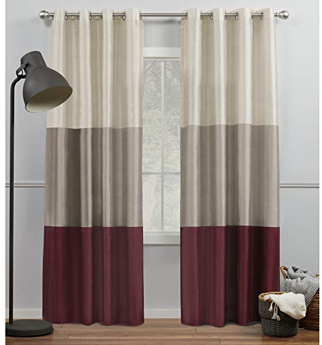 Exclusive Home Curtains Chateau Striped Faux Silk Grommet Top Curtain Panel Pair, 54x108, Burgundy/Taupe