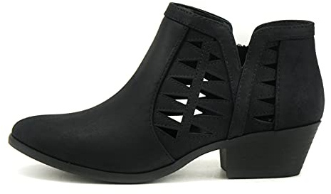 Soda CHANCE Womens Perforated Cut Out Stacked Block Heel Ankle Booties (Wide Fit Available) (Black Nbpu, 6.5)