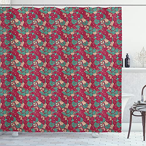 ABAKUHAUS Blumen Duschvorhang, Folklore-Blumen, Stoffliches Gewebe Badezimmerdekorationsset mit Haken, 175 x 180 cm, Pfirsich Dunkle Koralle