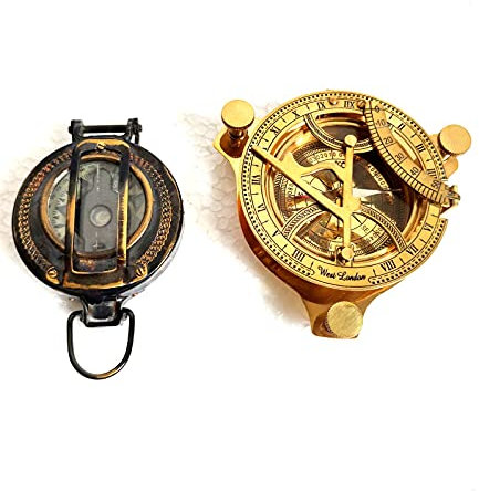 Kompass mit Sonnenuhr, massives Messing, Vintage, nautisch, Retro, Steampunk, nautisch, maritim, Militär, goldfarben / Schwarz