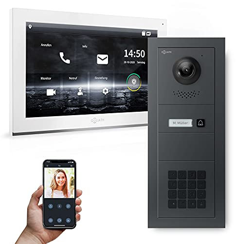 Goliath Hybrid | IP | Full-HD Video Türsprechanlage | App | 1-Fam | 1 x Full-Touchscreen 10 | Aluminium Unterputz Türstation | + Codeschloss | 180° Ultra-Weitwinkel | AV-IPS-656