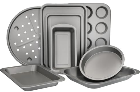 KitchenCraft Non-Stick Baking and Cooking Set, 8-Piece Bakeware Set Including Loaf Tin, Round Cake Tin, Baking Trays, Pizza Pan and Muffin Tray, Carbon Steel, Gift Boxed, One Size, Grey